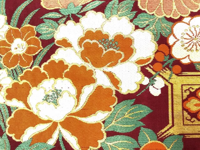 6491349: Japanese Kimono / Antique Nagoya Obi / Woven Shokko With Peony & Kiku