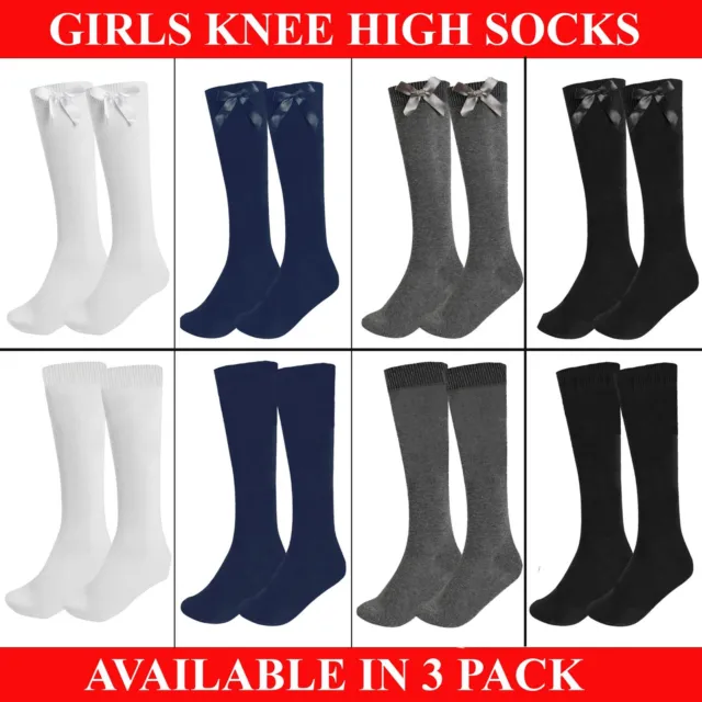 Ladies Girls Knee High Socks Long Plain Cotton School Uniform Bow 3 Pairs