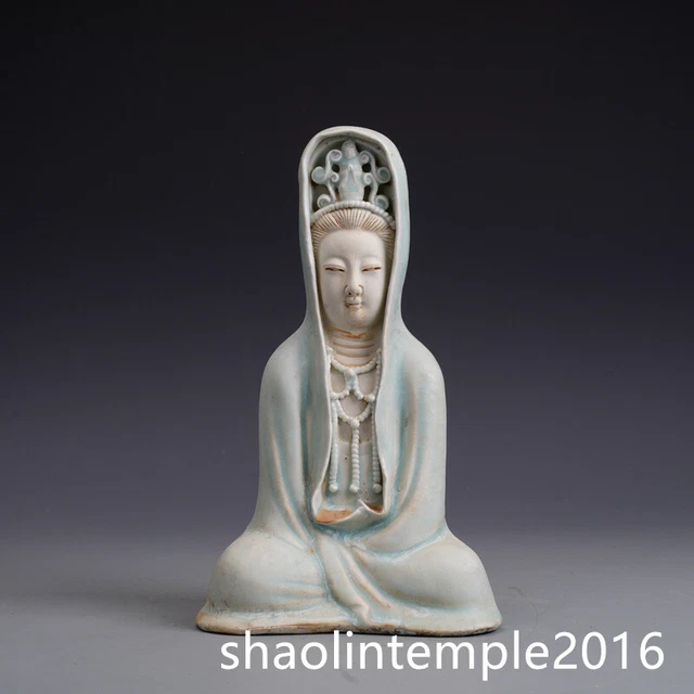 10.4" China manual Porcelain Song dynasty Hutian kiln Blue glaze Guanyin statue
