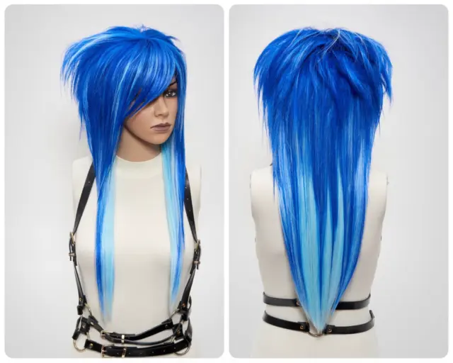 Blue Spiky Mullet Emo Cosplay Wig Bangs Fringe Long Full Density Trendy Styled