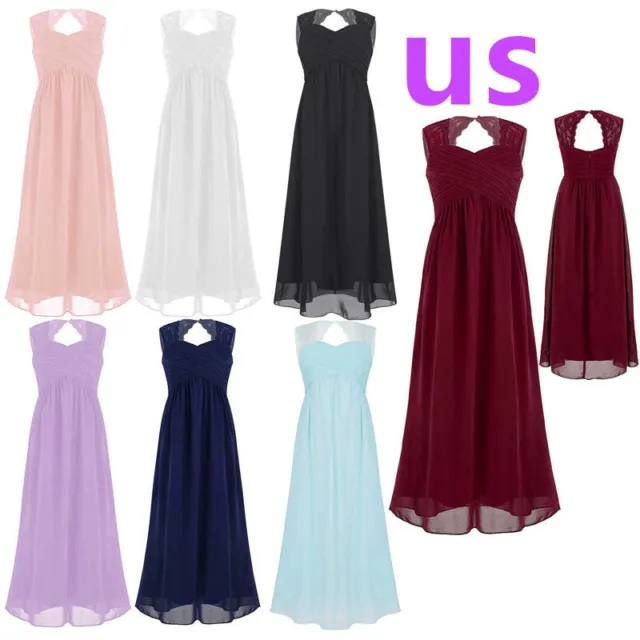 US Kids Girls Dress Lace Chiffon Party Length Dresses Sweetheart High Waist Gown