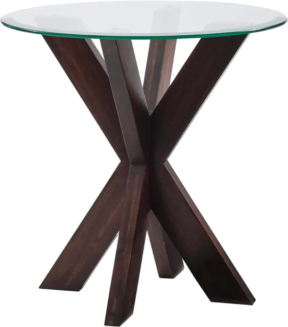 Powell Espresso Wooden Modern Round Glass Top Parnell X Base Side Table