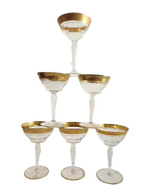 LOT OF 6  VINTAGE TIFFIN Rose CHAMPAGNE/TALL SHERBET GOLD MINTON BAND ETCHED