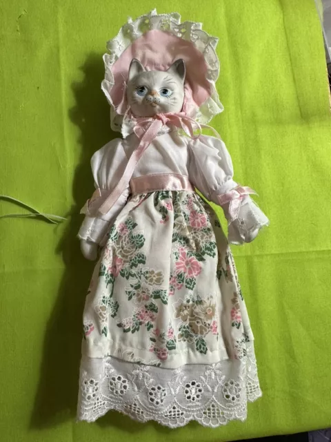 Vintage Porcelain Cloth Cat Doll Floral White Pink Dress Bonnet 10" Unbranded
