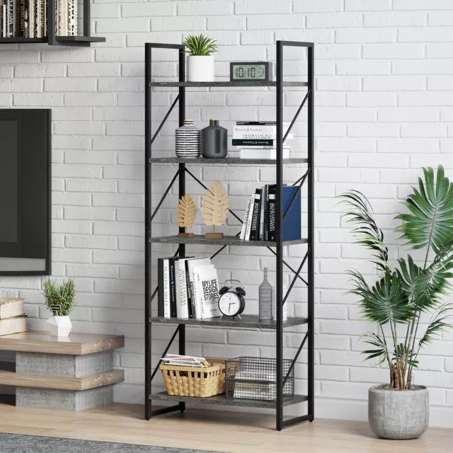 Bookshelf 5 Tiers Industrial Rustic Wood Bookcase Shelving Unit Storage Shelves