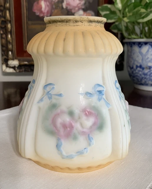 vintage 2-1/4" fitter glass hand-painted pink roses peach and blue lamp shade