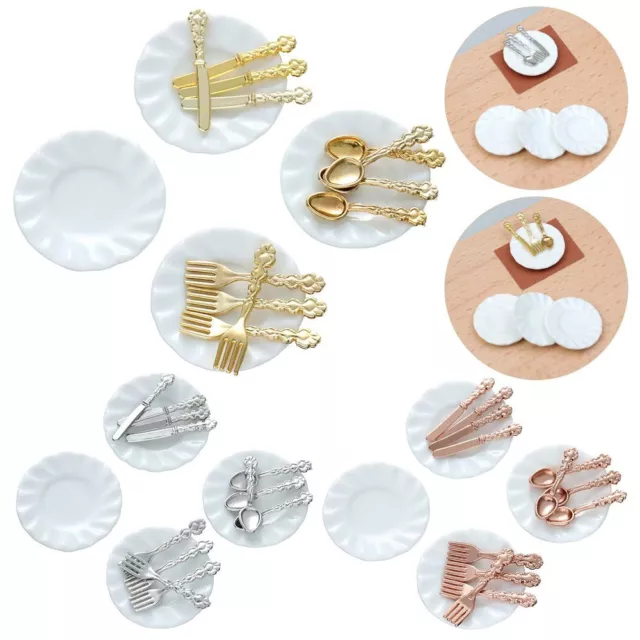 DIY Furniture Toys Pretend Play Ceramic Plate Fork Miniature Tableware Spoon