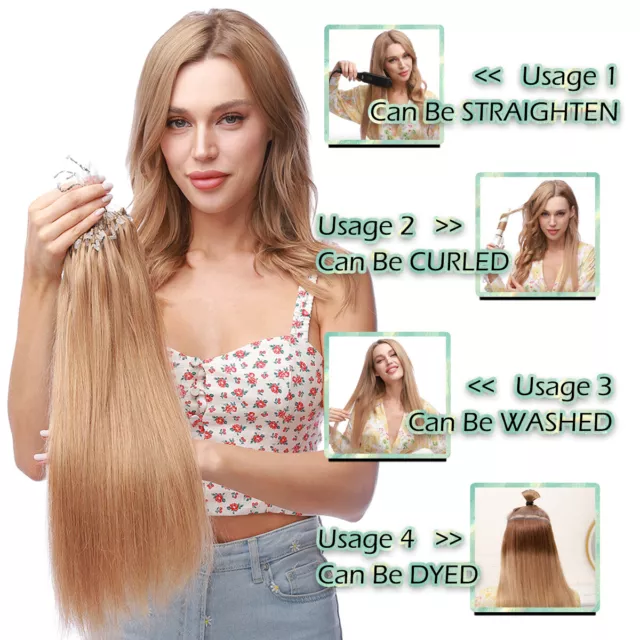 AU Russian Remy Micro Beads Ring Loop 100% Real Human Hair Extensions FULL THICK 3