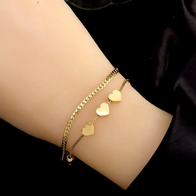 Bracelet Gourmette Pour Femme Plaqué Or – 2 Couches, Avec Charme Cœur Perlé, Style élégant
