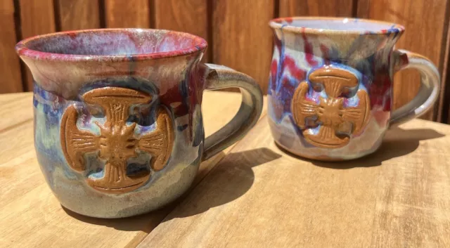 Canterbury Pottery Drip Glaze Cross Mugs Set X2 Made In Kent