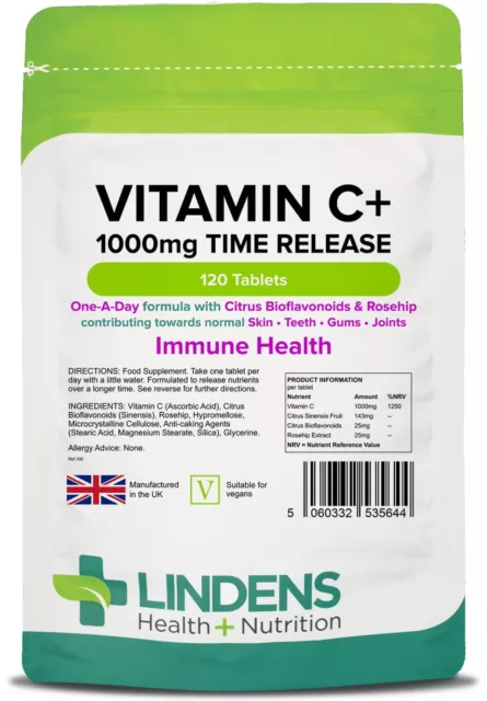 Vitamin C + 1000 mg + Hagebutte Bioflavonoide, Haut, Zähne, Gelenke (120 Tabletten) LINDEN