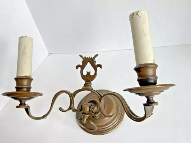 Vintage Antique Brass Wall Sconce Electric 2 Light MCM Early American