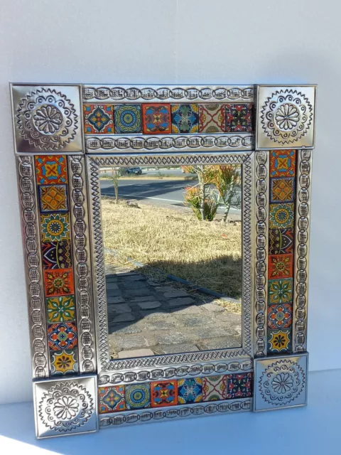 26" PUNCHED TIN MIRROR mixed talavera tile mexican ethnic handmade wall folk art