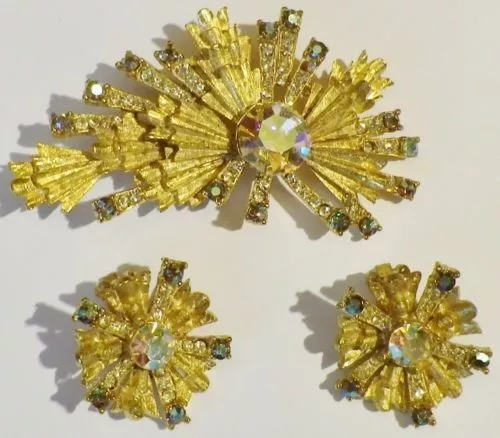 Superbe parure ancien bijou vintage couleur or cristaux broche B.O clips 5184