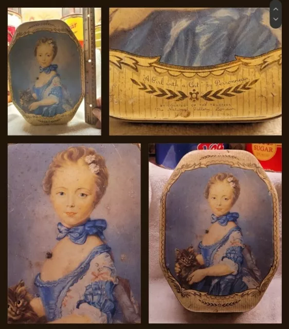 Nice Large A Girl With A Cat By Perronneau W & R Jacob & Co Biscuit Tin England
