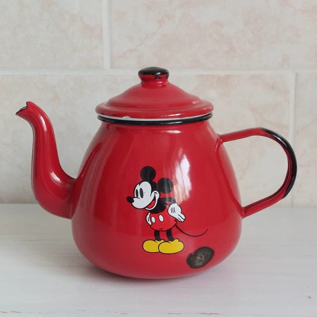 Disneyland Tea Pot  Collectable Enamel Red Red Metal Vintage Style Mickey Mouse