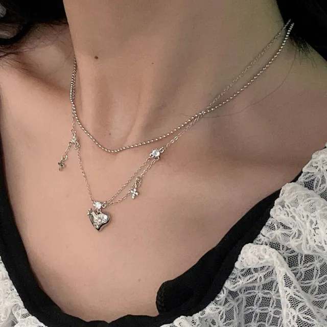 925 Silver Filled Star Cross Heart Pendant 2-layer Chain Necklace Womens Choker