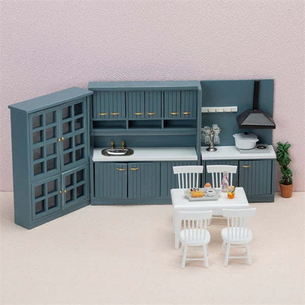 8pc Kitchen Set Dollhouse 1:12 Blue Miniature Cupboard Stove Sink Cabinet Kit
