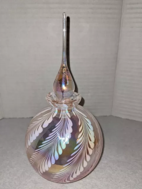 Pink Glass Iridescent Swirl Fronds Patterned Perfume Bottle W/Teardrop Stopper