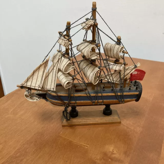 Vintage 1990's Miniature 6" Wood Model Tall Sailing Ship w Fabric Sails Sailboat