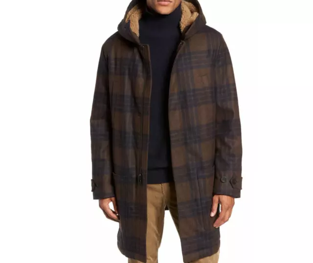 Vince Men's Plaid Duffle Coat With Faux Shearling Trim MSRP $895