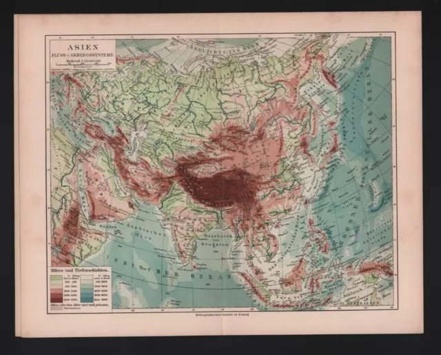 Landkarte map 1908: ASIEN. Politische Übersicht Fluss-Gebirgssysteme
