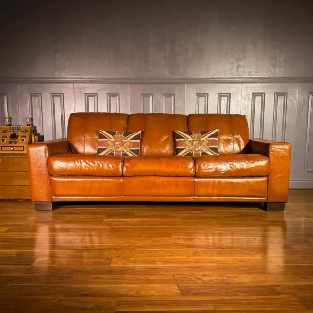 Leather 3 seater sofa Mid Century Danish Style Vintage Brown Chesterfield Set