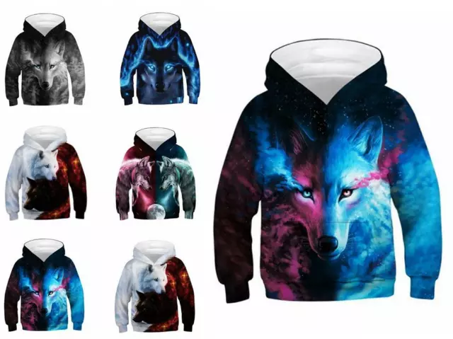 Kids Boys Girl 3D Wolf Hoodie Sweatshirt Jumper Hooded Pullover Tops Teen Jersey