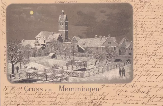 antike AK 1900 gelaufen Gruss aus Memmingen  Litho Mondscheinkarte