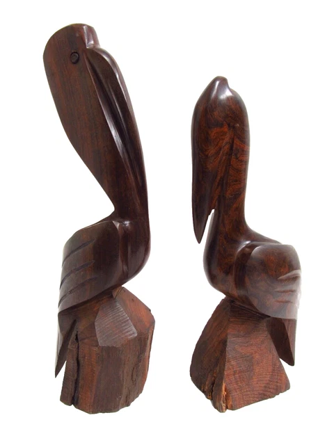 Hand Carved Wooden 13" Tall Folk Pelican Sculptures Figurines Set of 2