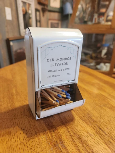 Vintage Old Monroe MO Elevator Grain & Feed advertising kitchen match dispenser