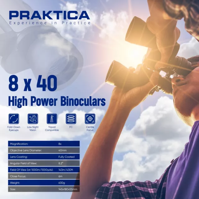 PRAKTICA Falcon 8x40mm Wide Angle Porro Prism Field Binoculars - Black 3