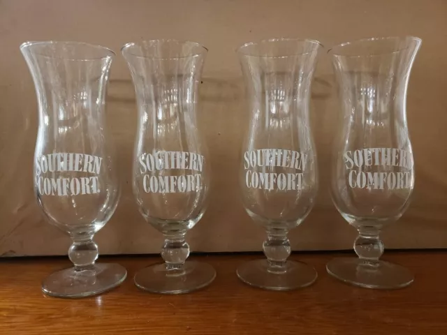 Set of 4 Vintage Southern Comfort Whiskey Clear Hurricane Glasses, White Letters
