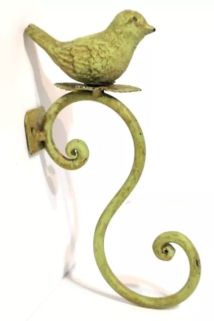 7" Bird Hanging Plant Hook Cast Metal Iron Birdhouse Holder Painted Green Patina
