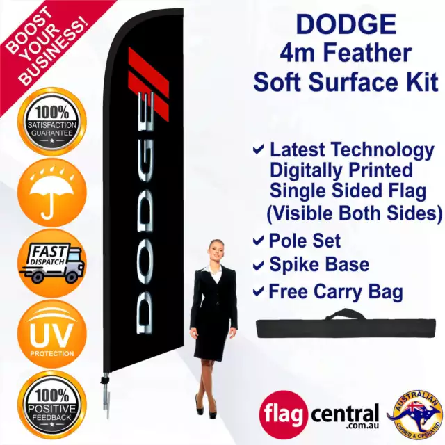 DODGE Black 4m Feather Flag/Banner Kit with Spike *Cost Effective *UV Protected