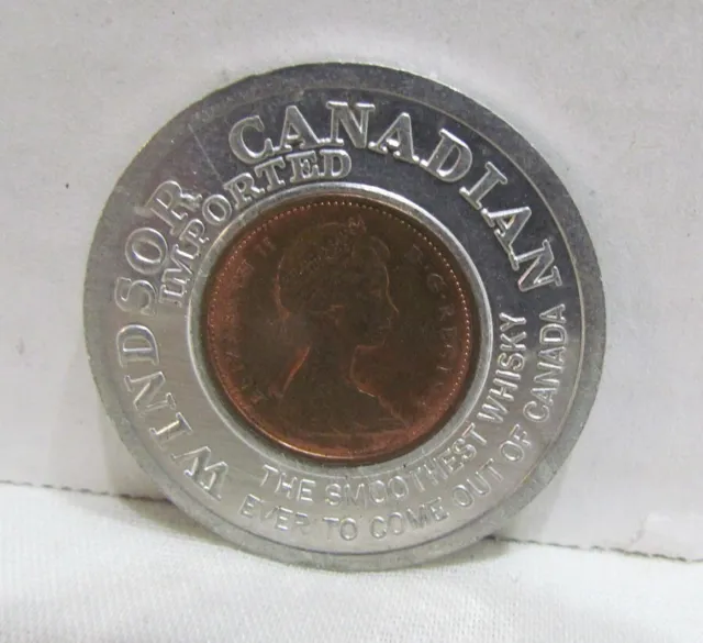 Encased 1974 Canadian Cent Windsor Canadian Whisky Advertising Good Luck Charm