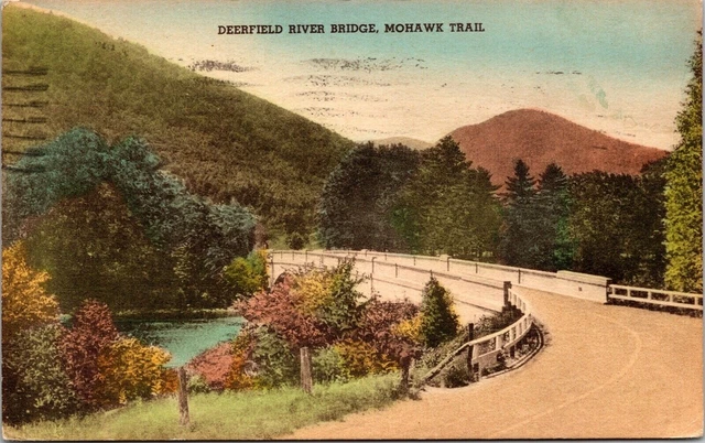 Deerfield River Bridge Mohawk Trail 1940 Cancel Wob Hand Colored Pm Postcard