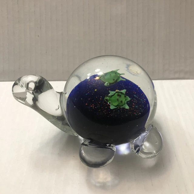 Hand Blown Art Glass Paperweight Turte with Babies on Back 5 1/2” long