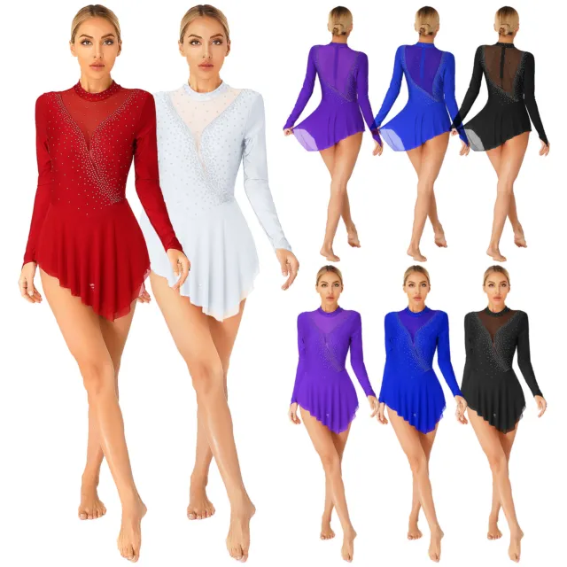 Women Ice Skating Dress Rhinestone Mesh Long Sleeve Leotard Ballet Dance Costume 2