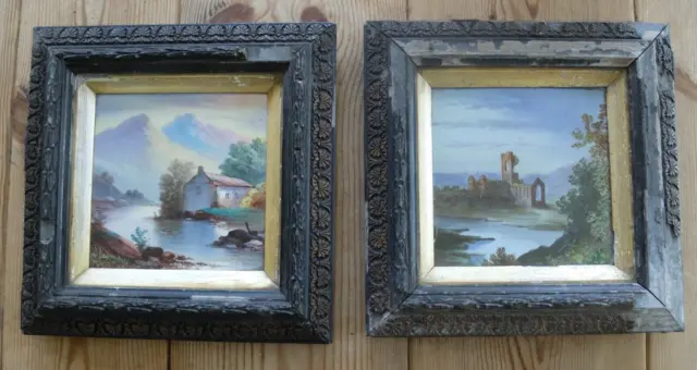 A pair of late 19th century hand-painted tiles in worn frames.