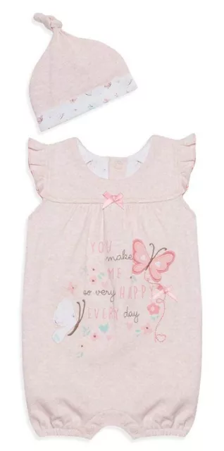 Primark Baby Girls Pink And White 2 Piece Romper With Matching Hat New