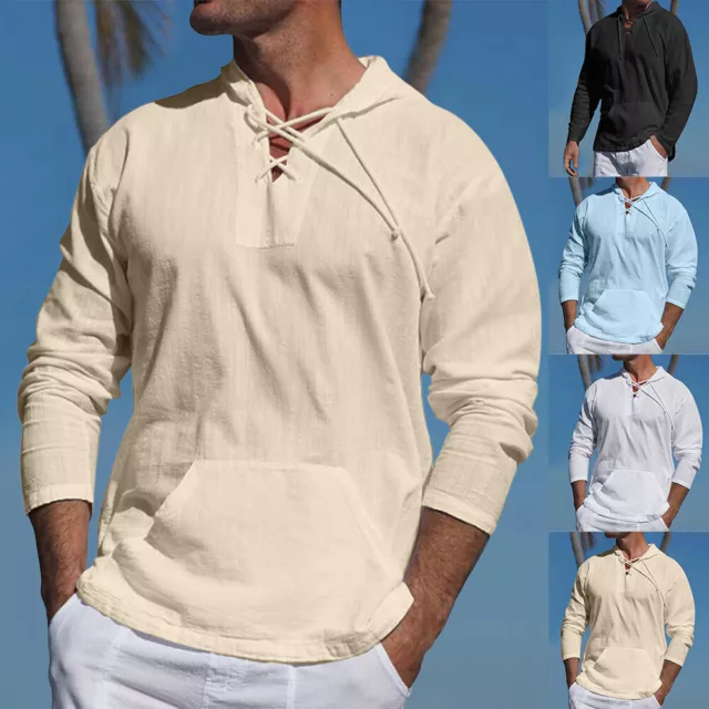 Men Solid Casual Loose Hooded Long Sleeve T-Shirt Blouse Baggy Beach Hoodie Tops