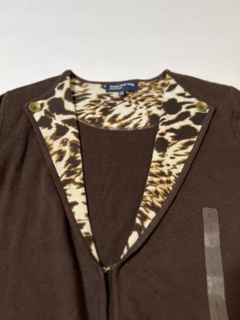 JONES NEW YORK Signature Sweater Jacket L Brown Leopard Trim 3/4 Sleeve ...