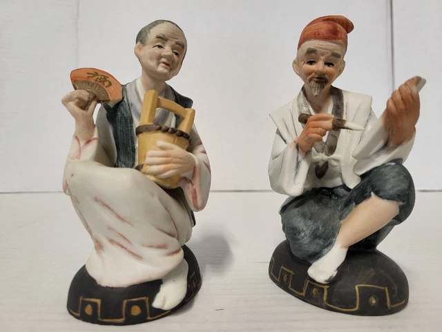 Pair Vintage Asian Japanese Couple  Ceramic Hakata Urasaki Style Figurines
