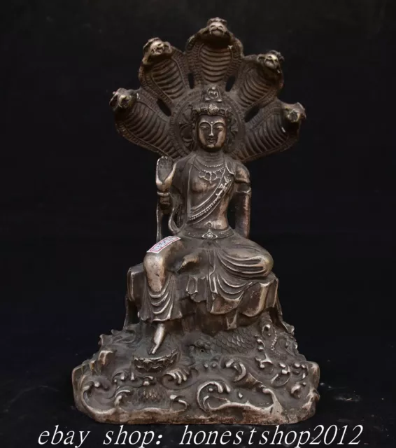 11.2" Alte chinesische Silber 5-Köpfe Schlange Naga Kanya Guan yin Göttin Statue