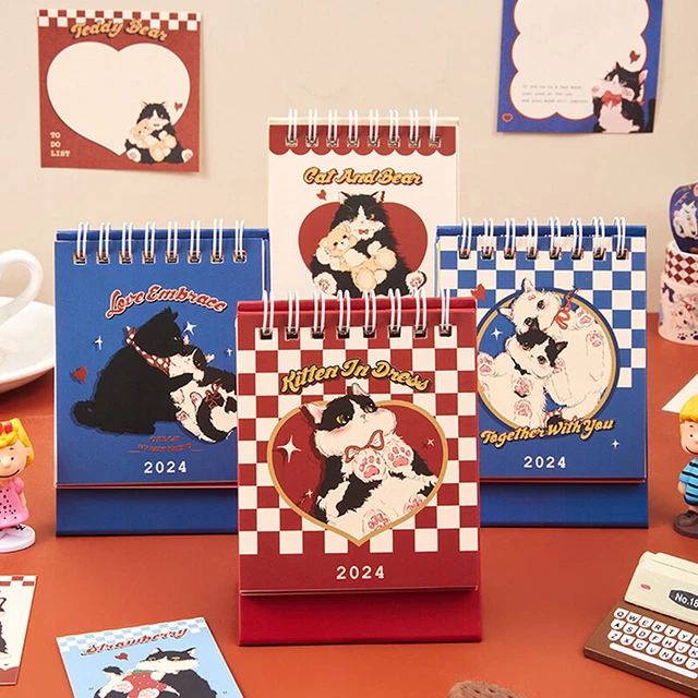 2024 Portable Small Desk Calendar Retro Kawaii Cartoon Desktop Cat Calendar LEI