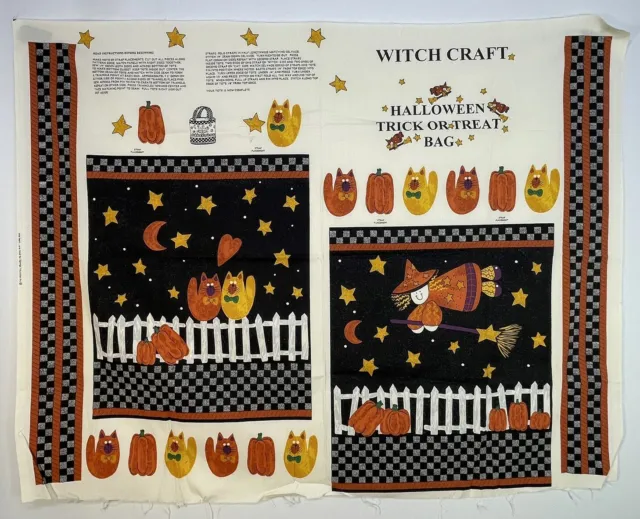 Halloween Witch Craft Trick or Treat Bag Fabric Cut and Sew Panel  Cats Pumpkins