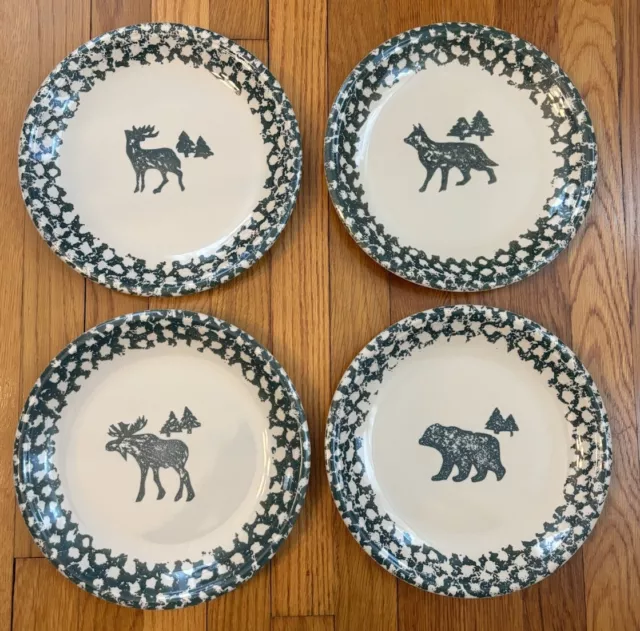 Set of 4 Tienshan Folk Craft North Country Dinner Plates Moose Deer Bear Wolf