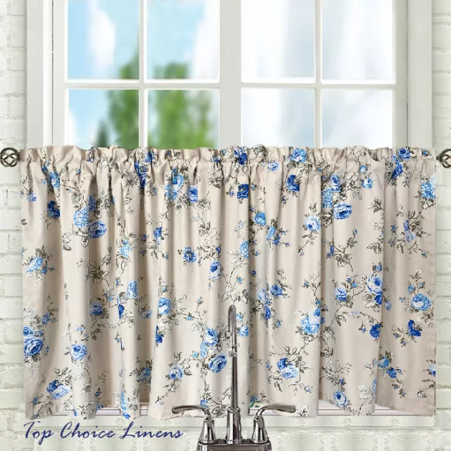 Country Kitchen Caravan Window Beige/Blue Rose Cafe Curtain Single Panel 150cmW