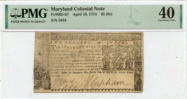 April 10 $2 (9s) Maryland Colonial Note 1774 MD-67 PMG EF40